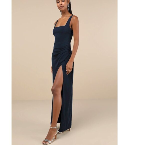Lulus Glamorous Disposition Navy Ruched Maxi Dress Size Small NWOT - Picture 4 of 5